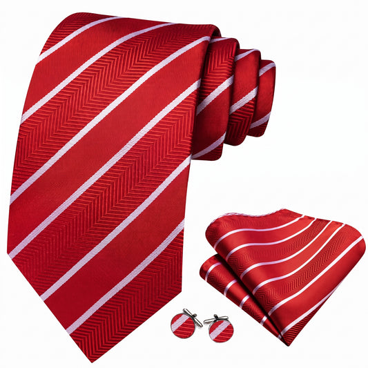 Barry. Wang Red Silk Necktie Set for Men Striped Tie Pocket Square Cufflinks for Wedding Prom