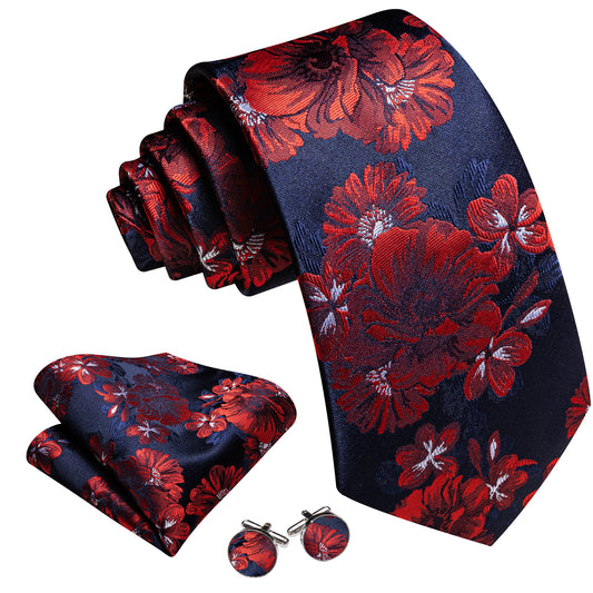 Barry. Wang Red Navy Floral Necktie Set Mens Silk Tie Pocket Square Cufflinks for Party Vintage