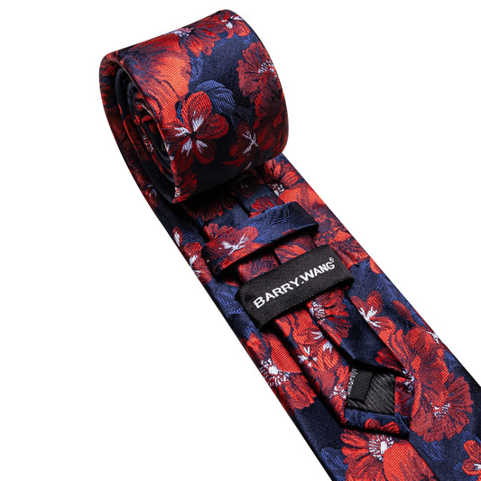 Barry. Wang Red Navy Floral Necktie Set Mens Silk Tie Pocket Square Cufflinks for Party Vintage