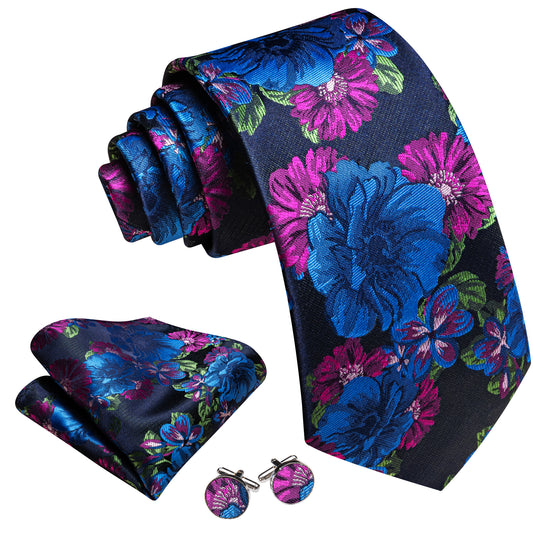 Barry. Wang Floral Blue Purple Necktie Set Mens Silk Tie Pocket Square Cufflinks for Wedding