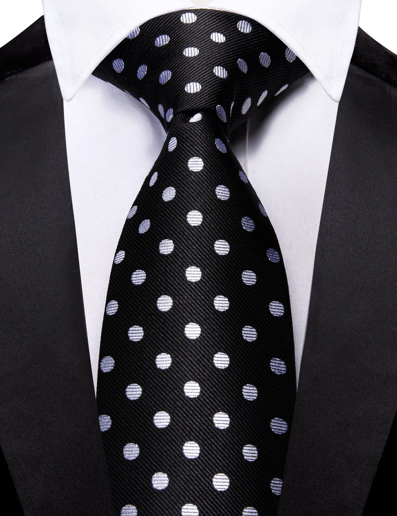 Barry. Wang Black Silk Tie White Polka Dots Necktie Pocket Square Cufflinks Set