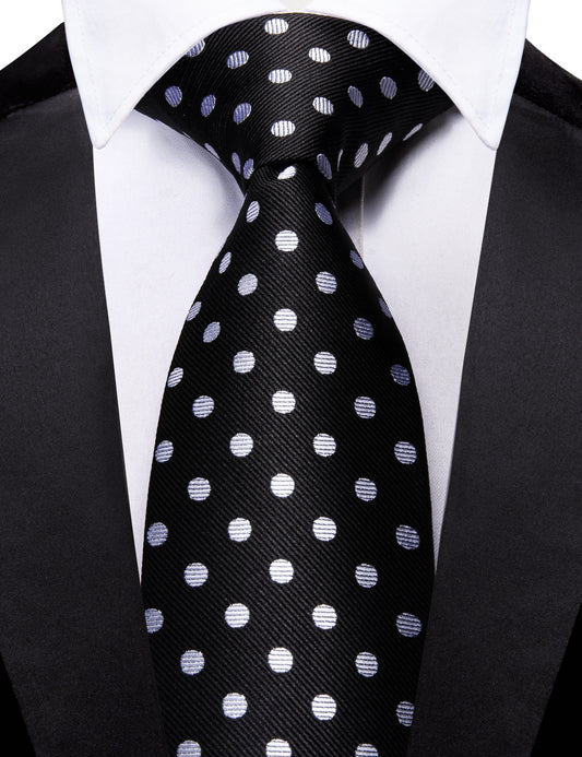 Barry. Wang Black Silk Tie White Polka Dots Necktie Pocket Square Cufflinks Set