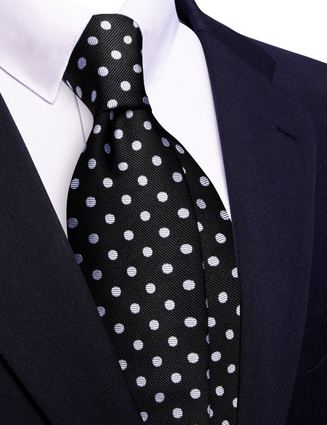 Barry. Wang Black Silk Tie White Polka Dots Necktie Pocket Square Cufflinks Set