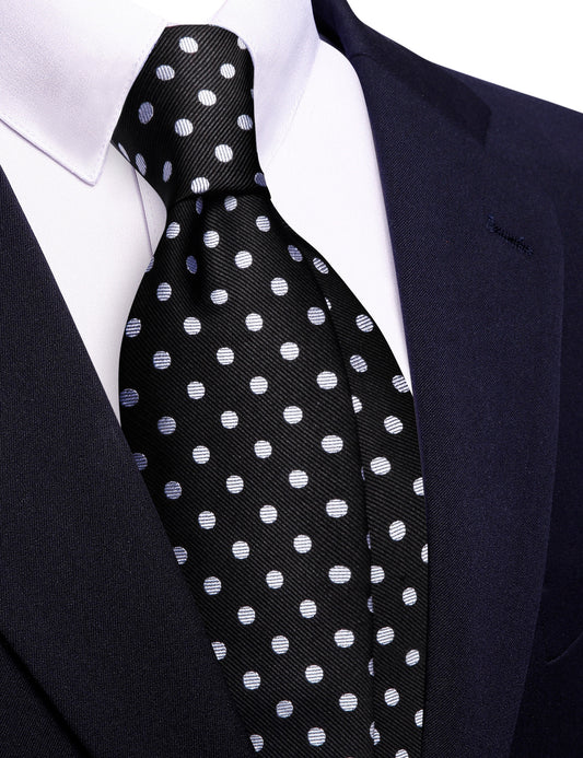 Barry. Wang Black Silk Tie White Polka Dots Necktie Pocket Square Cufflinks Set
