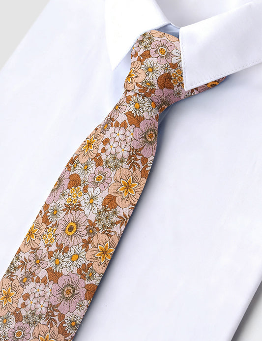 Barry. Wang Rust Orange Brown Floral Tie for Men 2.75" Narrow Cotton Smart Casual Necktie