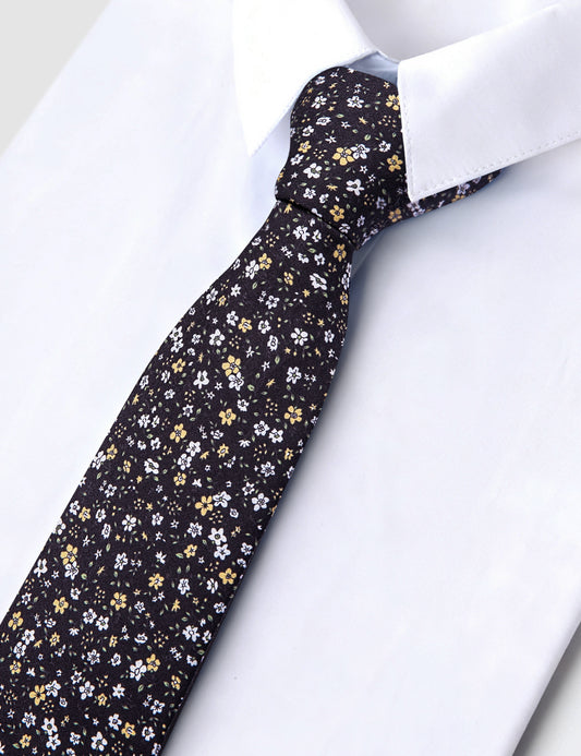 Barry. Wang Black Ditsy Floral Cotton Necktie Modern 7cm Narrow Casual Dress Tie for Party