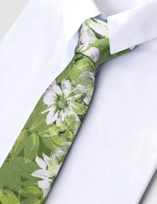Barry. Wang Men's Cotton Skinny Tie for Summer Wedding Guest Grass Green Floral Necktie 7cm