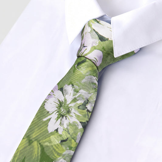 Barry. Wang Men's Cotton Skinny Tie for Summer Wedding Guest Grass Green Floral Necktie 7cm