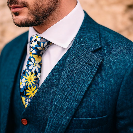 Barry. Wang Royal Blue Daisy Cotton Tie 2.75" Narrow Casual Yellow Floral Necktie for Men