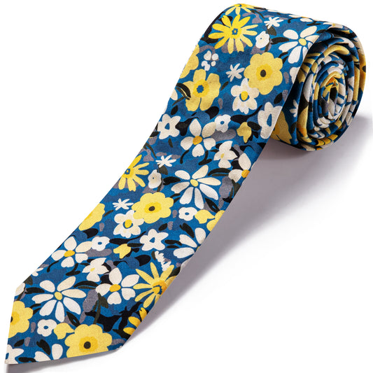 Barry. Wang Royal Blue Daisy Cotton Tie 2.75" Narrow Casual Yellow Floral Necktie for Men