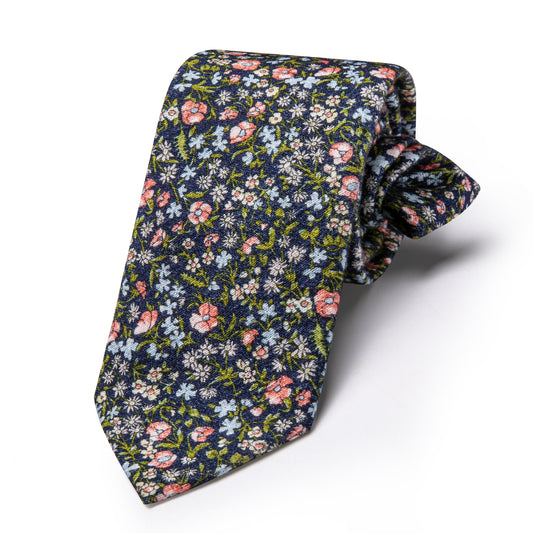 Barry. Wang 2.75" Navy Blue Floral Tie Modern Cotton Slim Necktie for Prom & Graduation