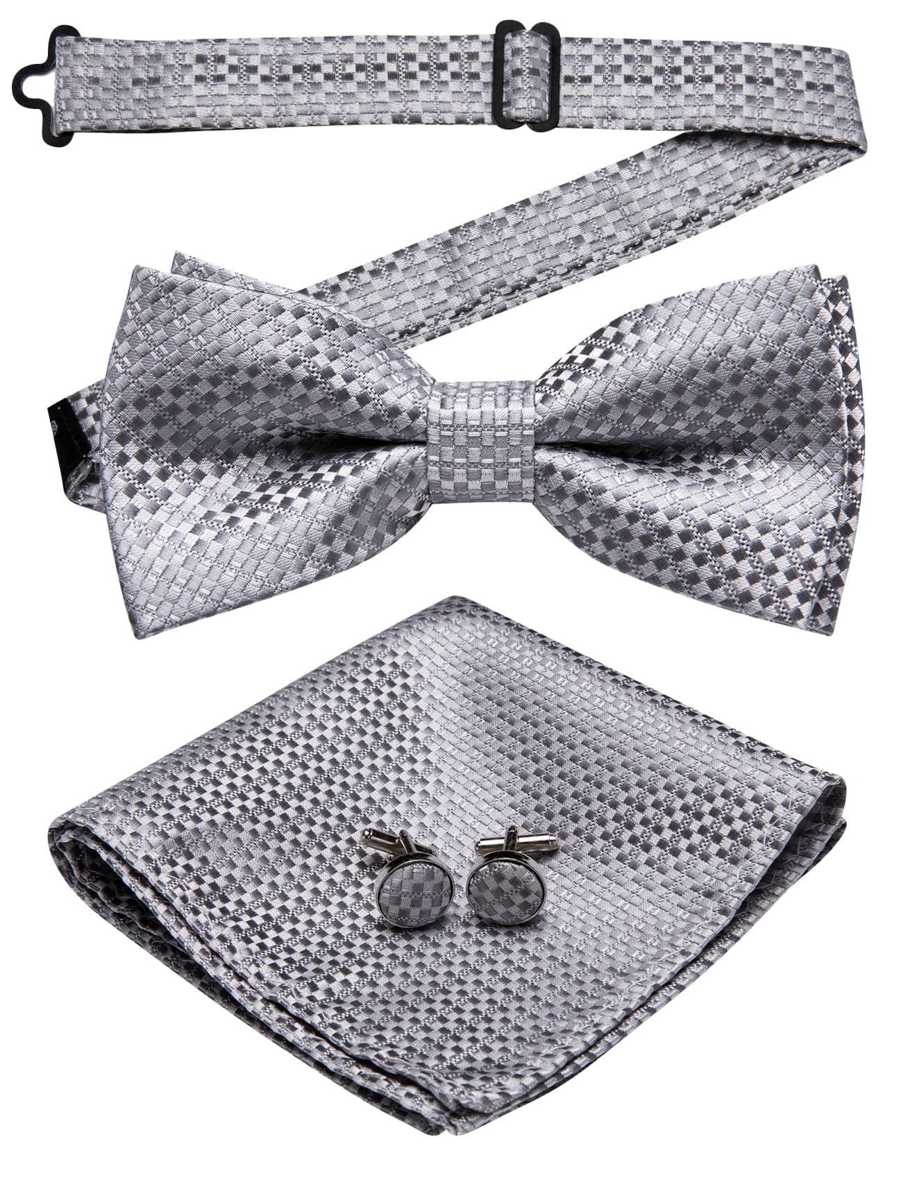 Silk Pre-Tied Silver Grey Plaid Bow Tie Hanky Cufflinks Set
