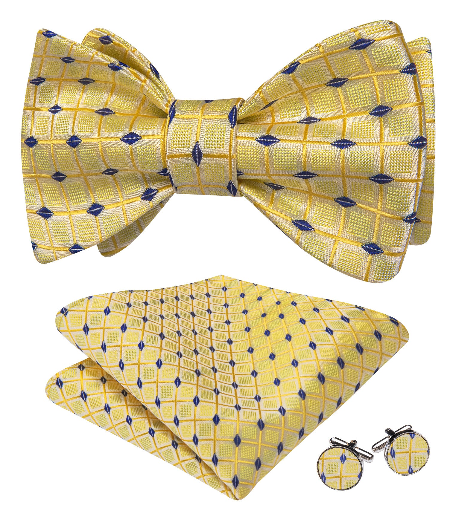 Barry. Wang Yellow Bow Tie Set Blue Plaid Self-tied Silk Mens Tuxedo Bow Tie