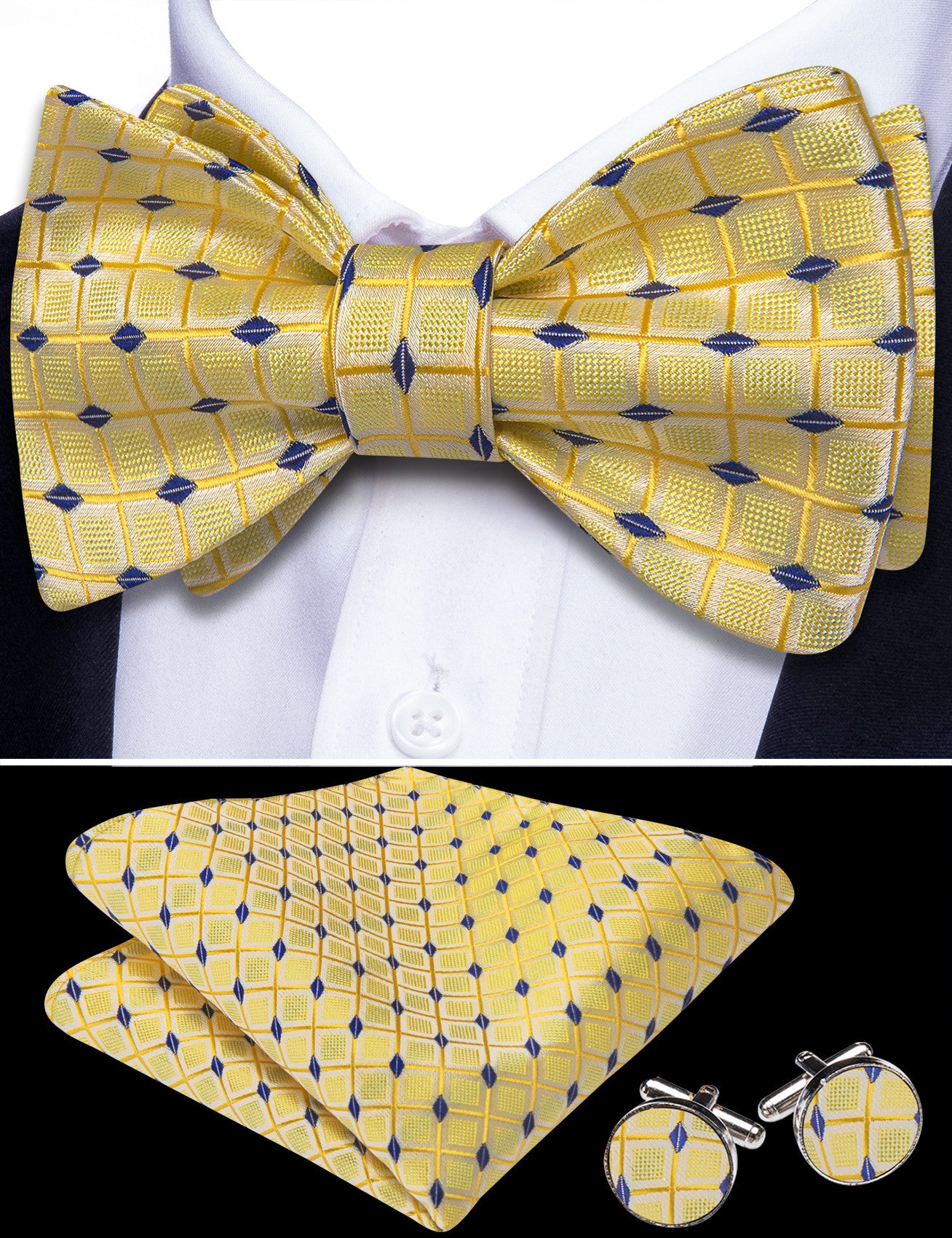 Barry. Wang Yellow Bow Tie Set Blue Plaid Self-tied Silk Mens Tuxedo Bow Tie