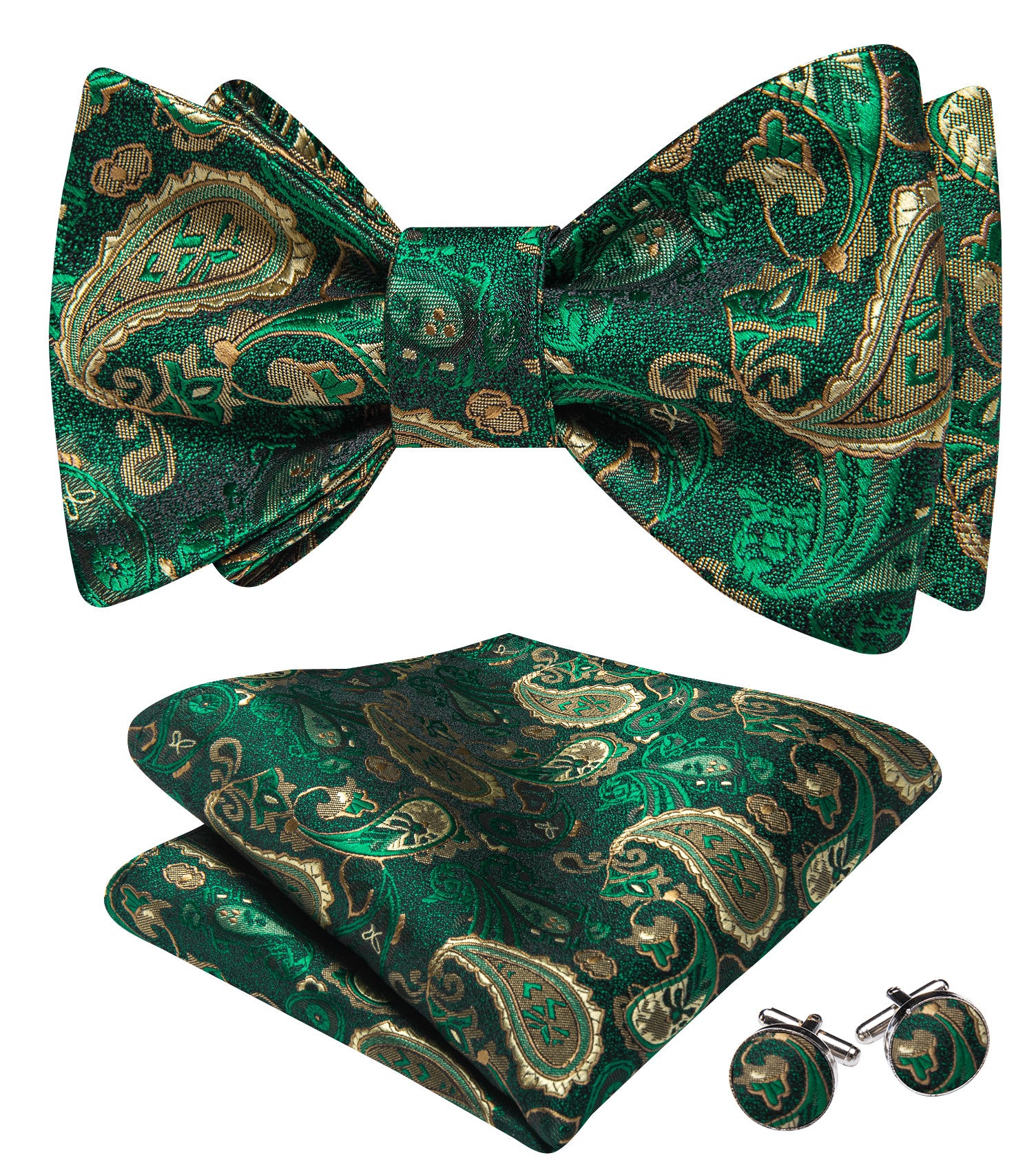 Barry. Wang Hunter Green Bow Tie Set Adjustable Silk Jacquard Mens Wedding Bowtie Hanky Cufflinks Set