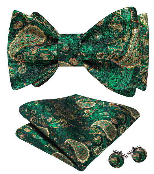 Barry. Wang Hunter Green Bow Tie Set Adjustable Silk Jacquard Mens Wedding Bowtie Hanky Cufflinks Set