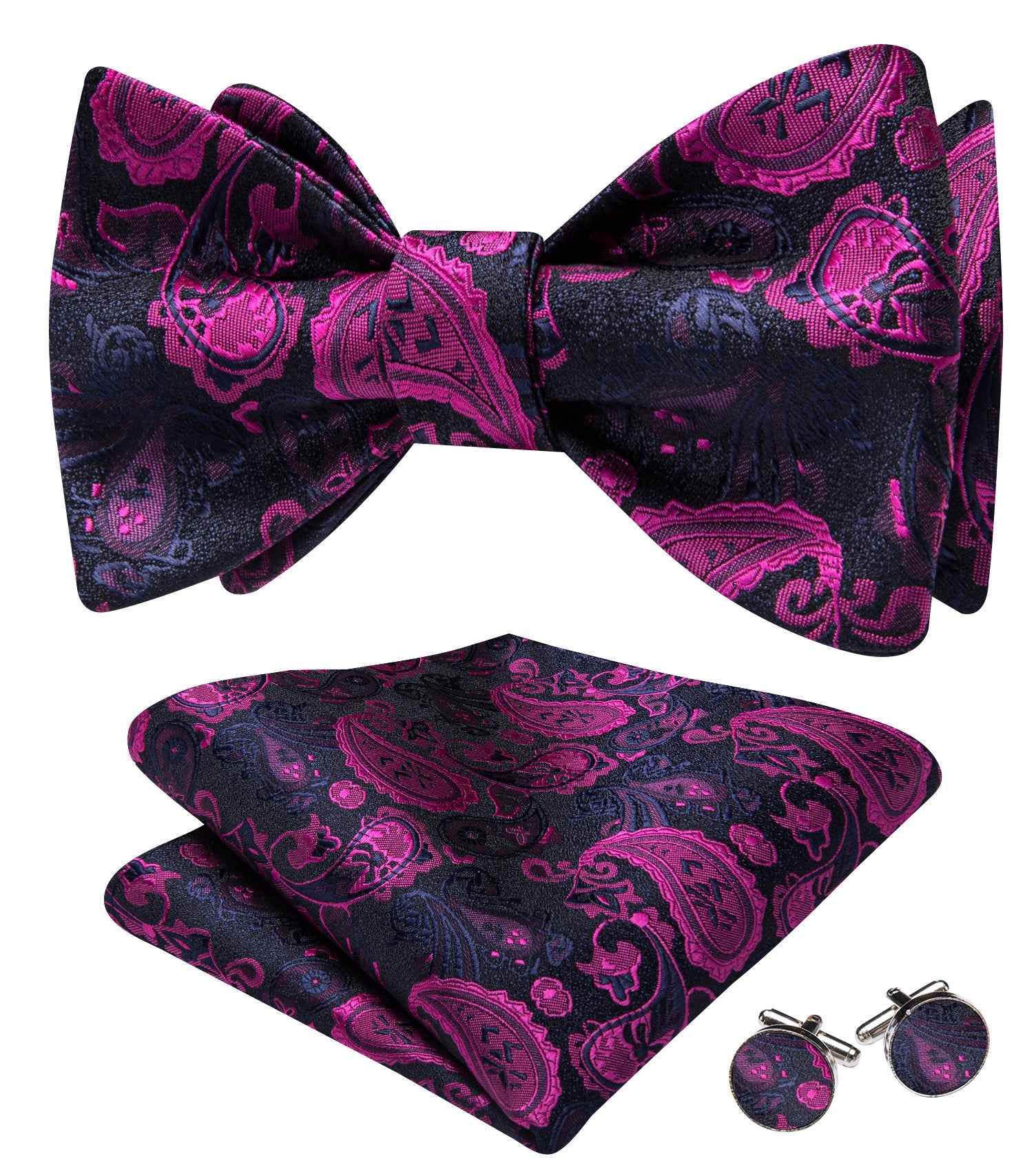Barry. Wang Purple Pink Bowtie Mens Adjustable Paisley Self-tied Bow Tie Hanky Cufflinks Set