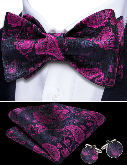 Barry. Wang Purple Pink Bowtie Mens Adjustable Paisley Self-tied Bow Tie Hanky Cufflinks Set