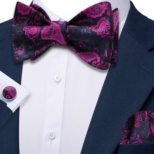 Barry. Wang Purple Pink Bowtie Mens Adjustable Paisley Self-tied Bow Tie Hanky Cufflinks Set