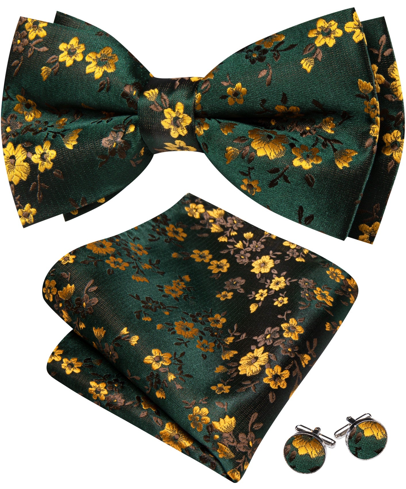 Barry. Wang Dark Green Bow Tie Pre-tied Floral Silk Jacquard Bowtie Pocket Square Cufflinks Set