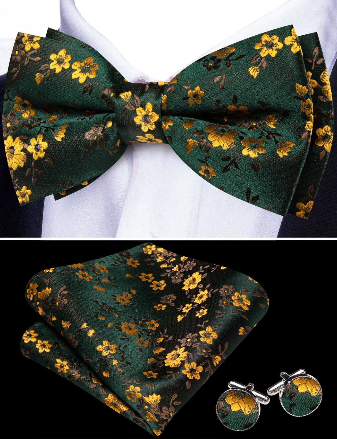 Barry. Wang Dark Green Bow Tie Pre-tied Floral Silk Jacquard Bowtie Pocket Square Cufflinks Set