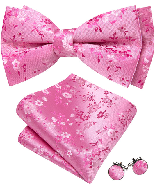 Barry. Wang Hot Pink Bowtie Hanky Cufflinks Set Floral Silk Pre-tied Wedding Bowtie for Tuxedo