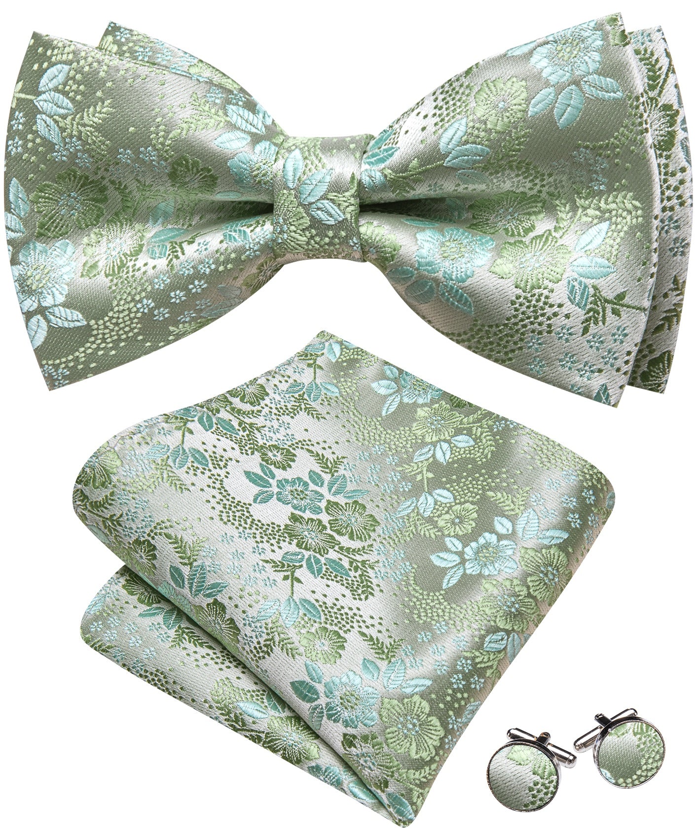 Barry. Wang Sage Green Bowtie Men's Pre-tied Floral Silk Wedding Bowtie Hanky Cufflinks Set