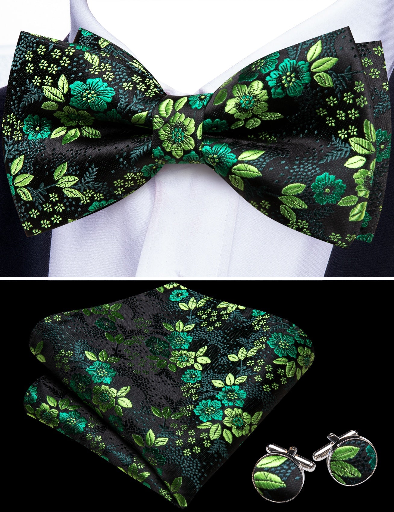 Barry. Wang Emerald Green Bowtie for Formal Floral Pre-tied Wedding Bowtie Hanky Cufflinks Set