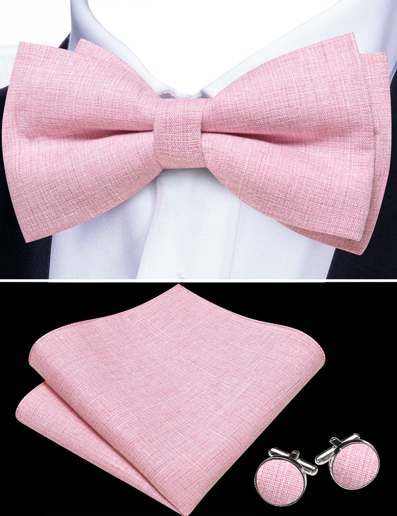 Barry. Wang Rose Pink Bowtie Pocket Square Cufflinks Set Pre-tied Linen Adjustable Bowtie for Formal