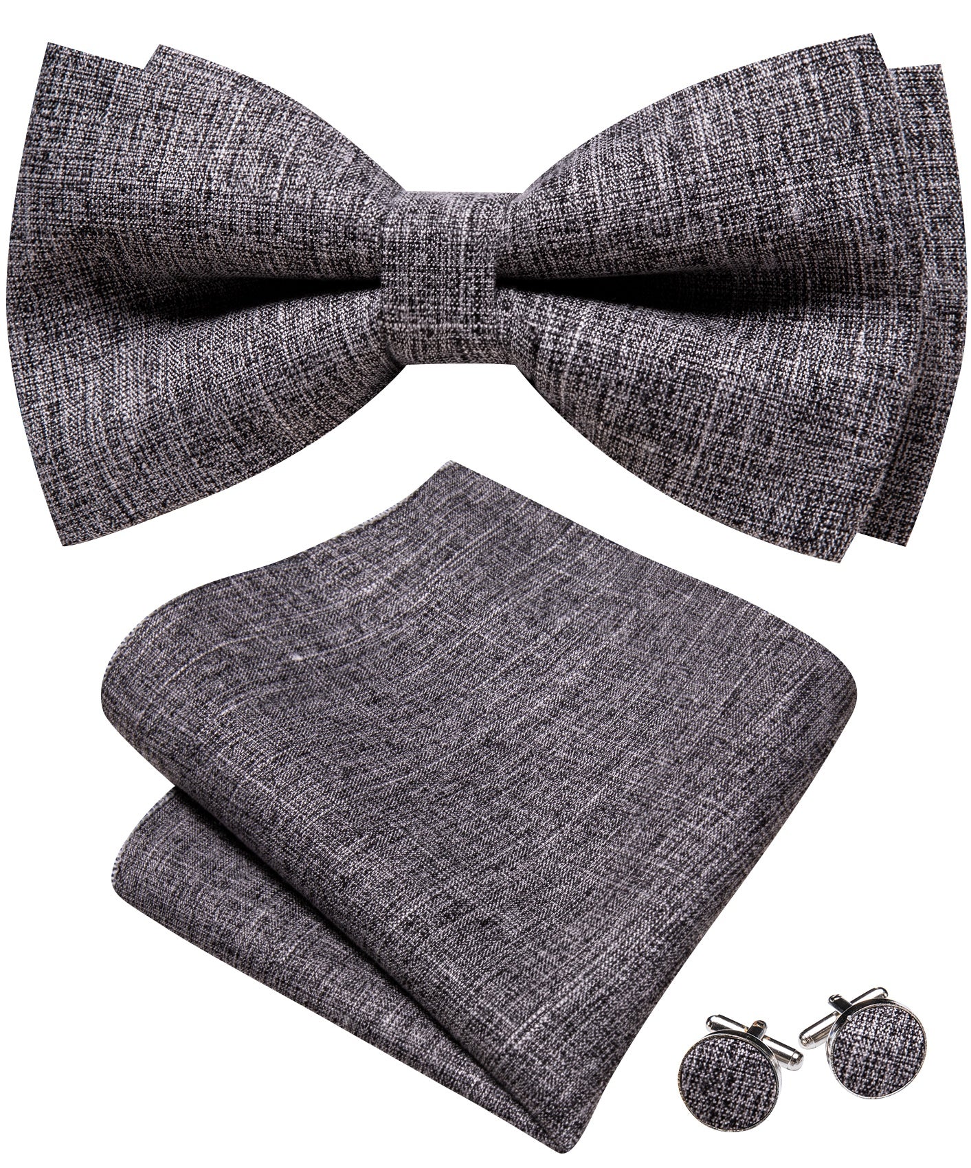 Barry. Wang Grey Bowtie for Men Pre-tied Linen Tuxedo Bowtie Pocket Square Cufflinks Set for Business