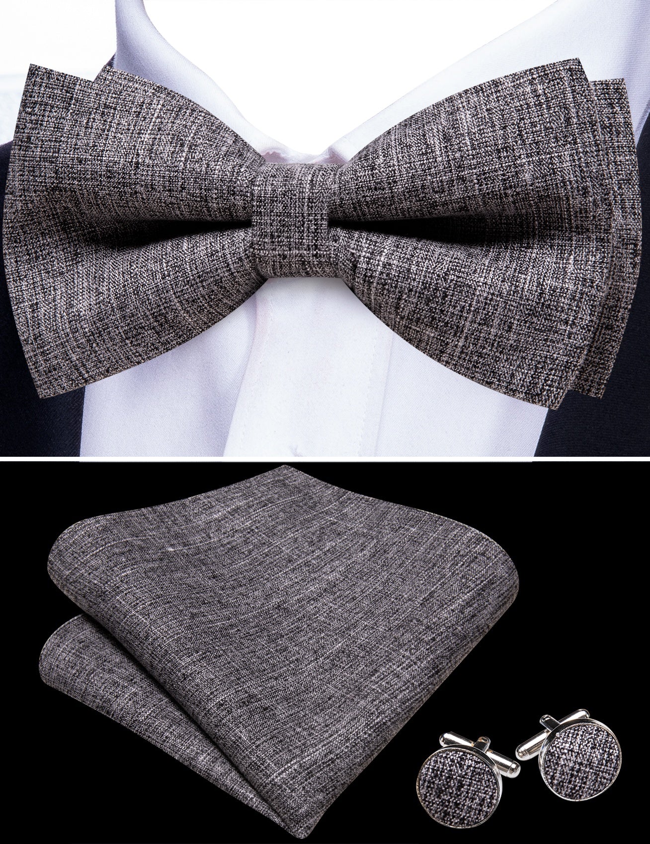 Barry. Wang Grey Bowtie for Men Pre-tied Linen Tuxedo Bowtie Pocket Square Cufflinks Set for Business
