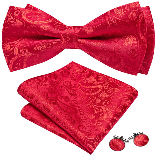 Barry. Wang Red Floral Bowtie for Men Pre-tied Adjustable Silk Formal Bowtie Hanky Cufflinks Set