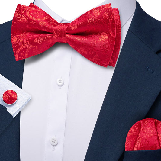 Barry. Wang Red Floral Bowtie for Men Pre-tied Adjustable Silk Formal Bowtie Hanky Cufflinks Set