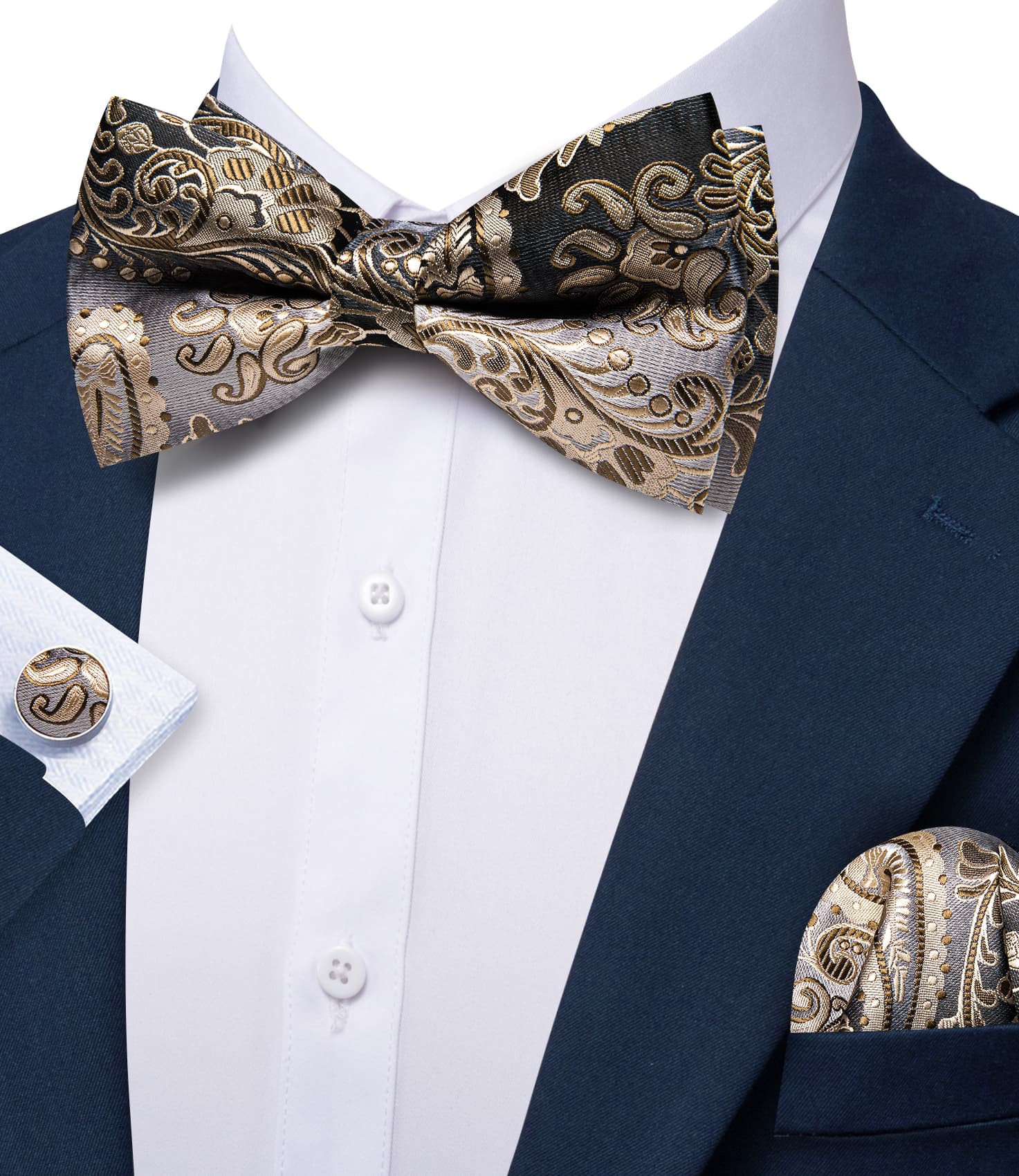 Barry. Wang Champagne Paisley Bowtie for Men Adjustable Pre-tied Silk Bowtie Set for Tuxedo Formal