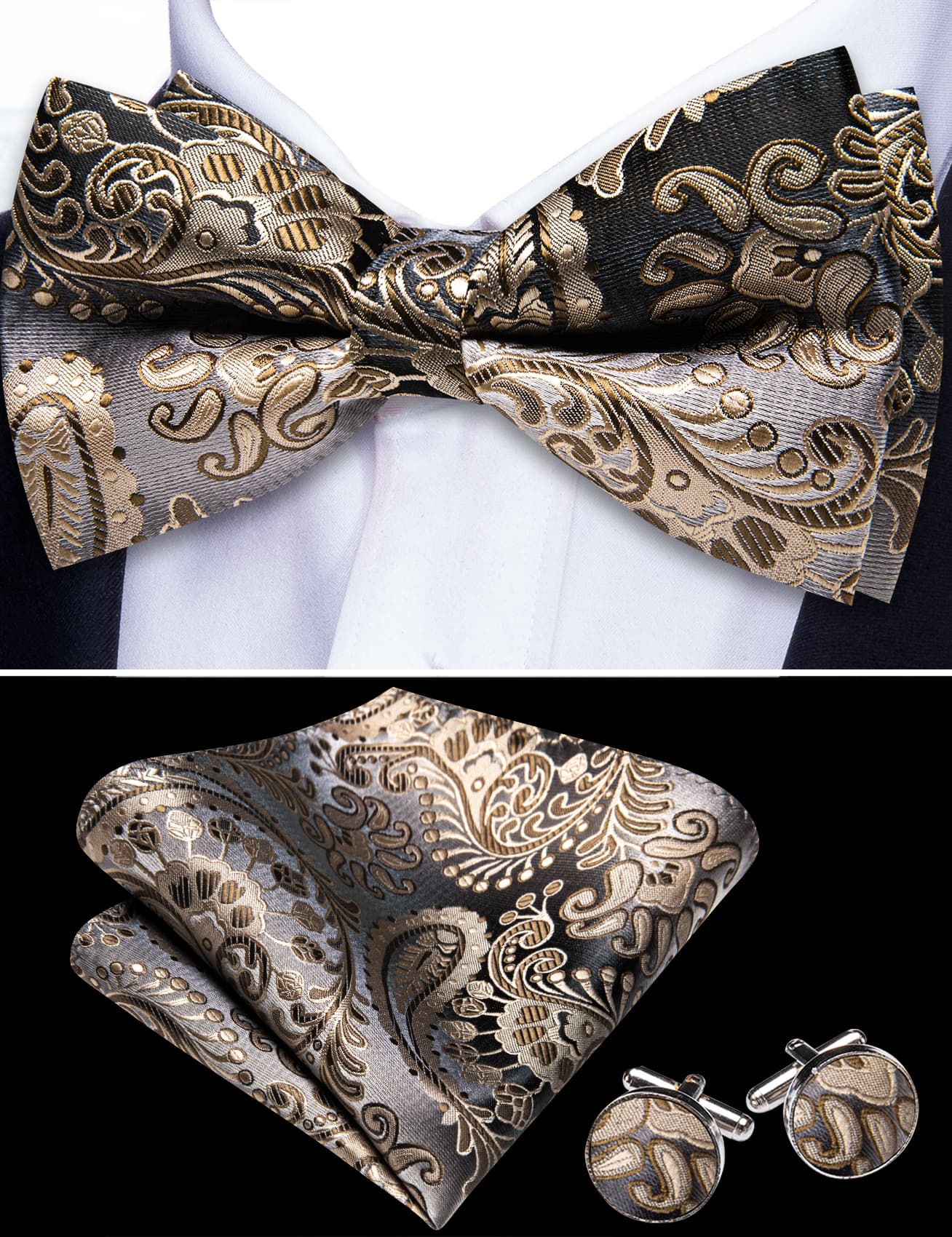 Barry. Wang Champagne Paisley Bowtie for Men Adjustable Pre-tied Silk Bowtie Set for Tuxedo Formal