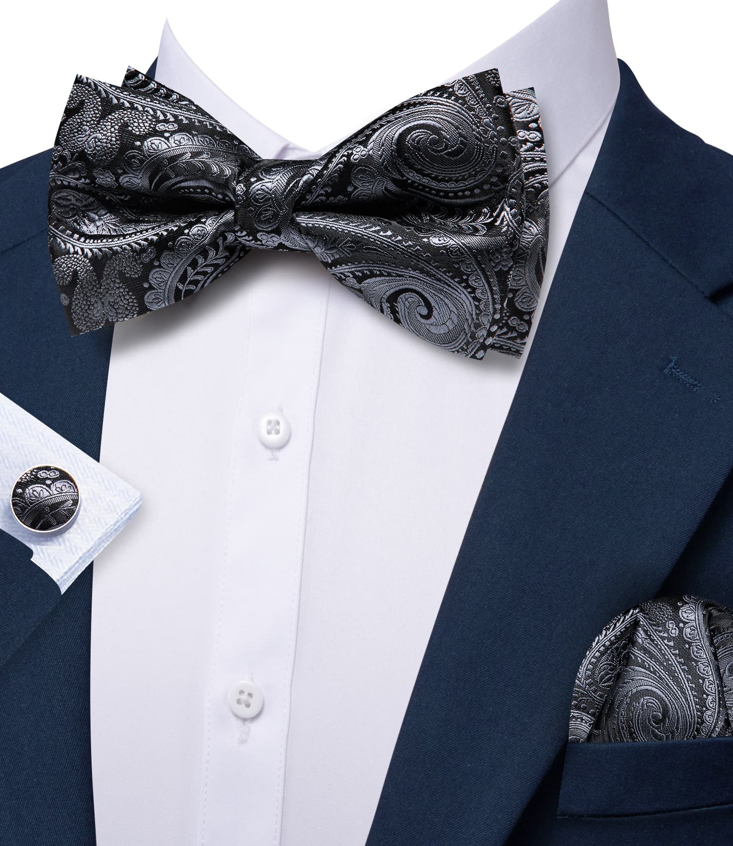 Barry. Wang Grey Paisley Bowtie for Men Pre-tied Silk Jacquard Wedding Bowtie Pocket Square Cufflinks Set