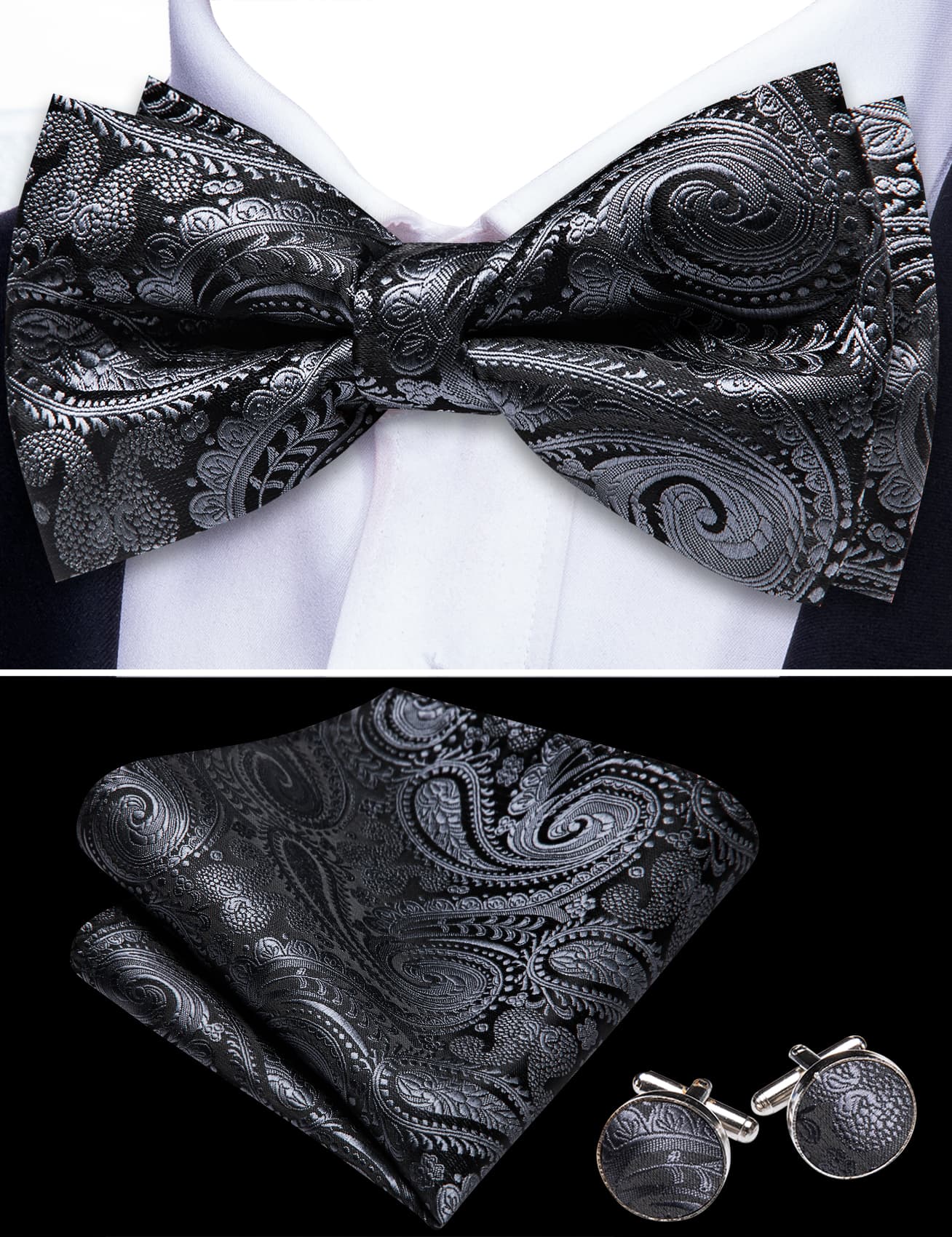 Barry. Wang Grey Paisley Bowtie for Men Pre-tied Silk Jacquard Wedding Bowtie Pocket Square Cufflinks Set