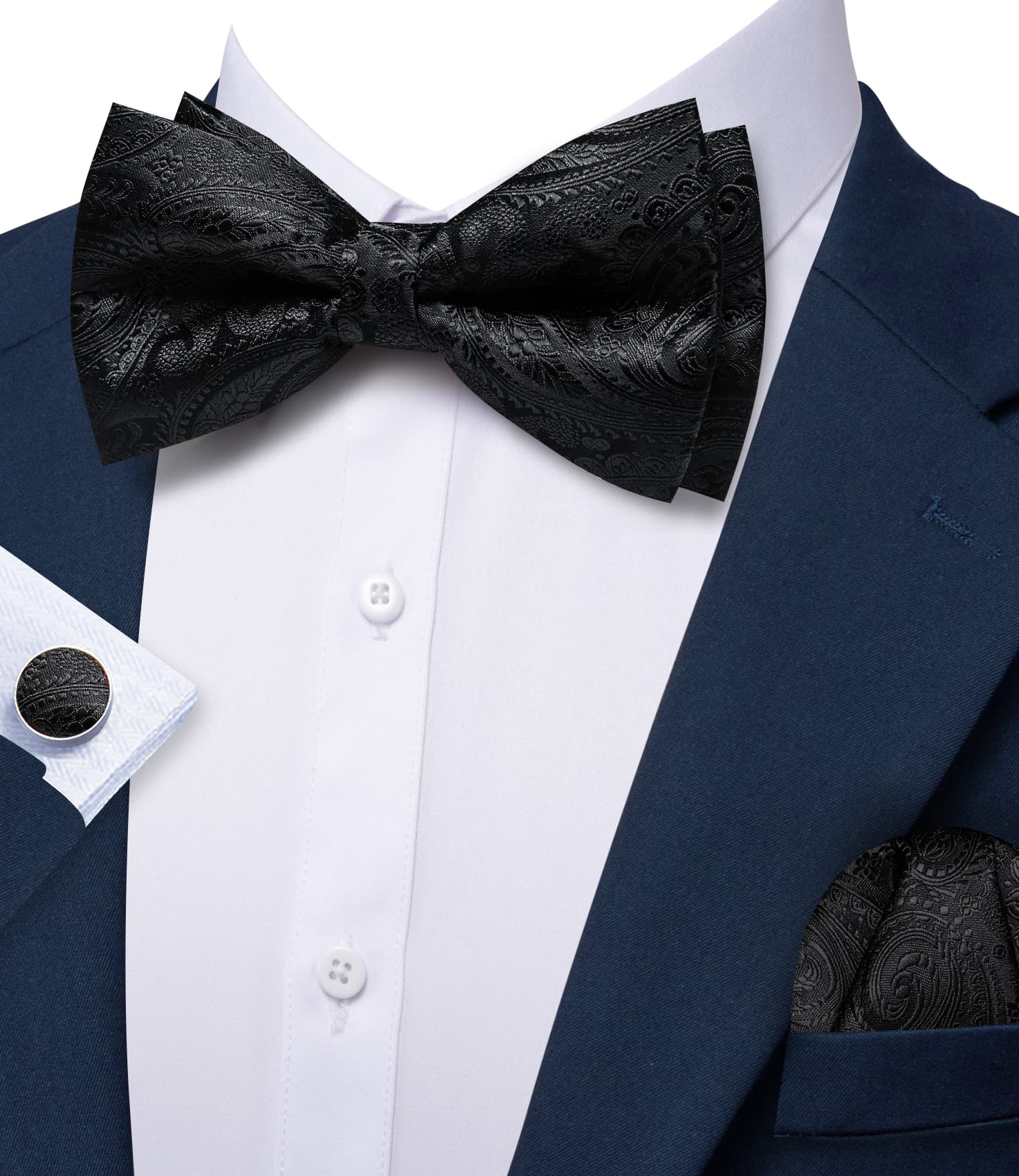 Barry. Wang Black Paisley Bowtie Floral Pre-tied Jacquard Men's Wedding Bow Tie Hanky Cufflinks Set