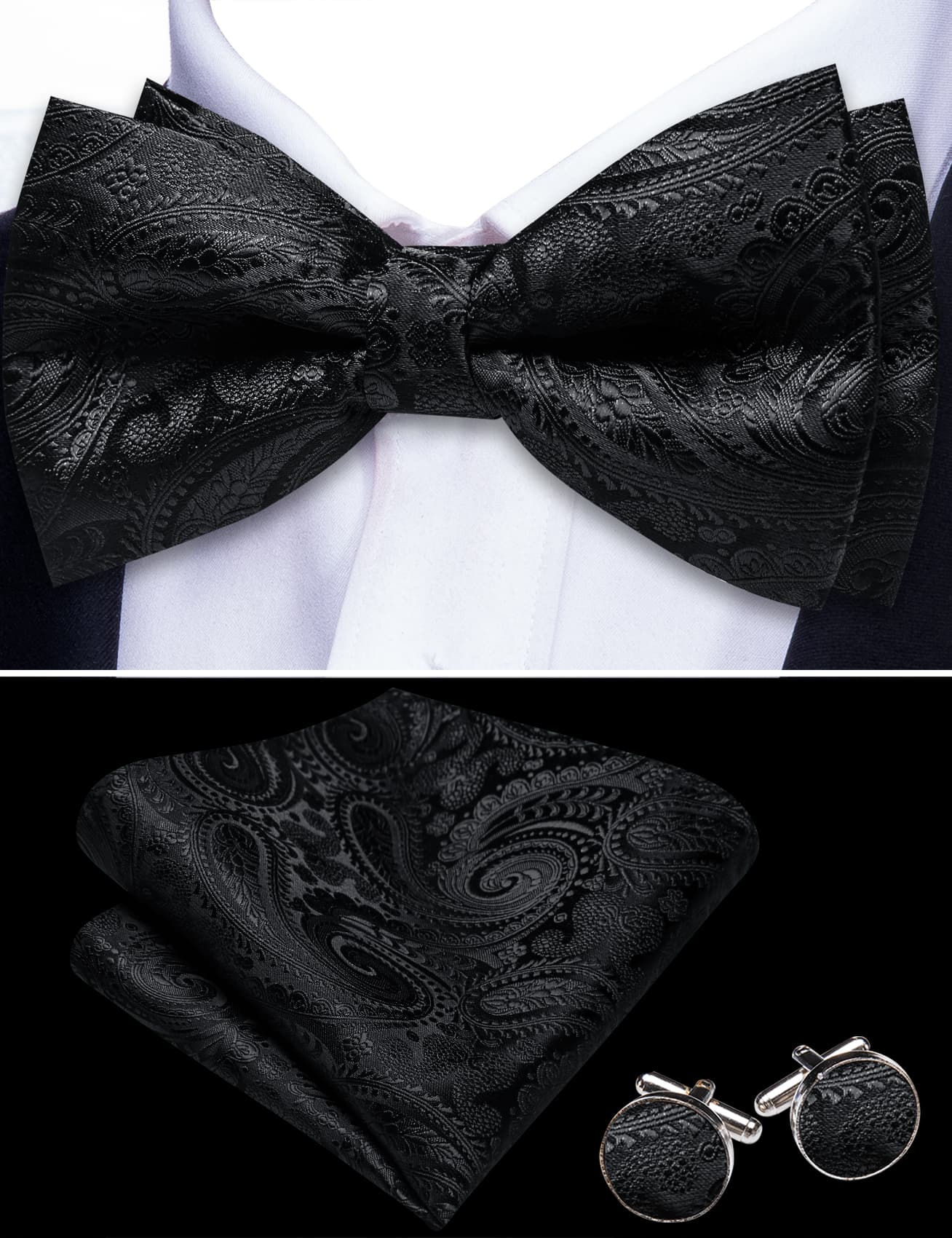 Barry. Wang Black Paisley Bowtie Floral Pre-tied Jacquard Men's Wedding Bow Tie Hanky Cufflinks Set