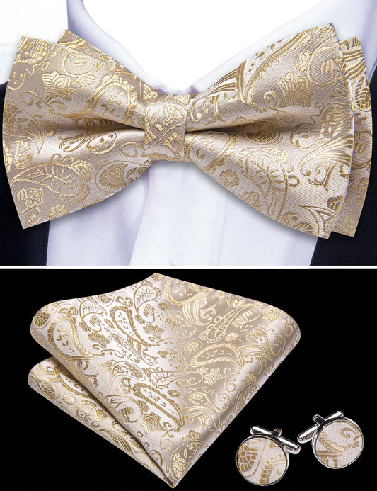 Barry. Wang Light Champagne Bow Tie Pocket Square Cufflinks Set Pre-tied Paisley Wedding Bowtie for Men