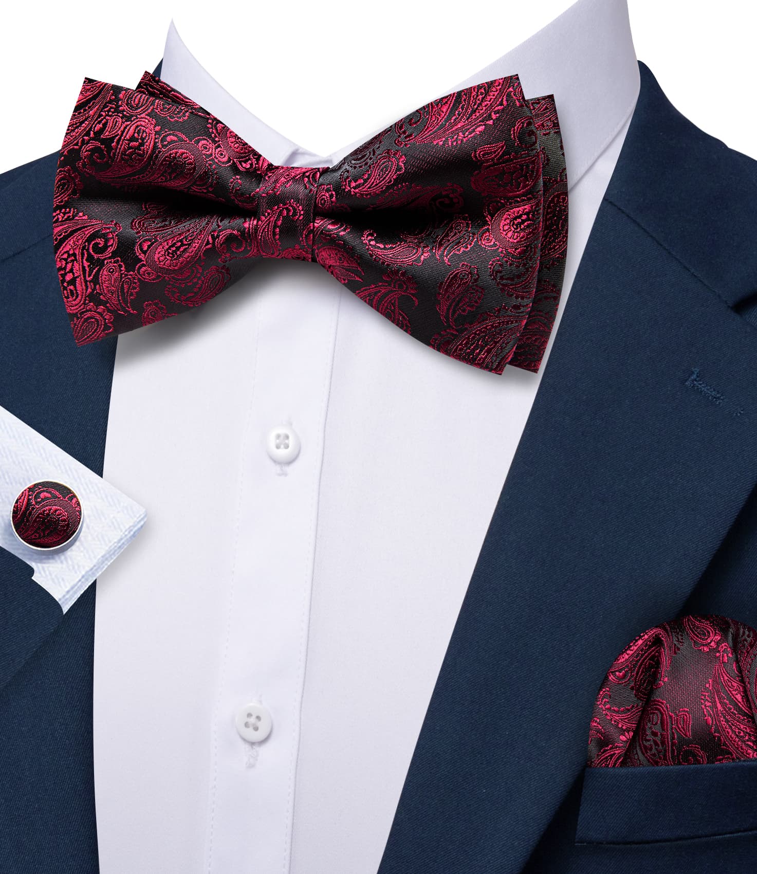 Barry. Wang Burgundy Paisley Bowtie Silk Jacquard Pre-Tied Bowtie for Wedding Pocket Square Cufflinks Set