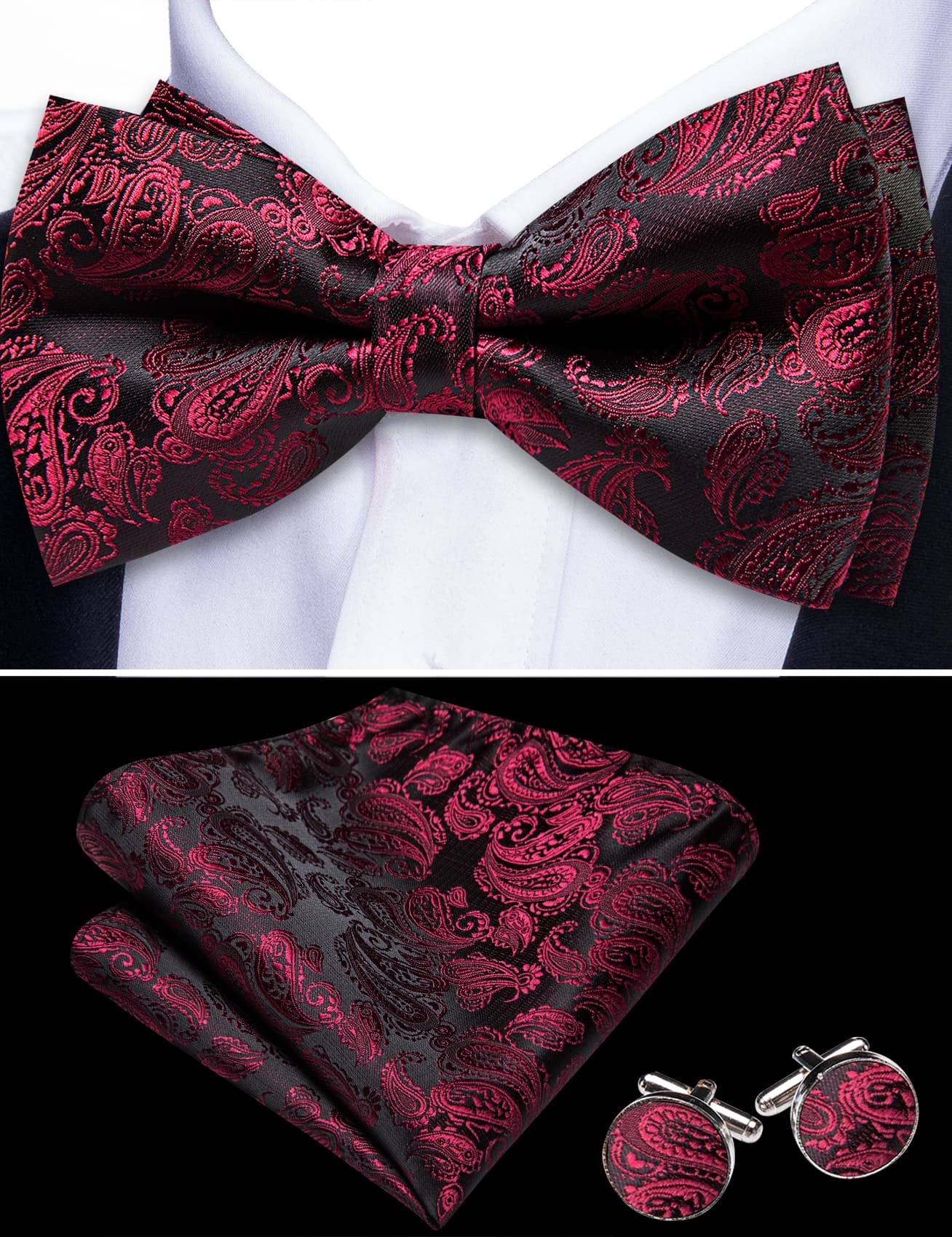 Barry. Wang Burgundy Paisley Bowtie Silk Jacquard Pre-Tied Bowtie for Wedding Pocket Square Cufflinks Set