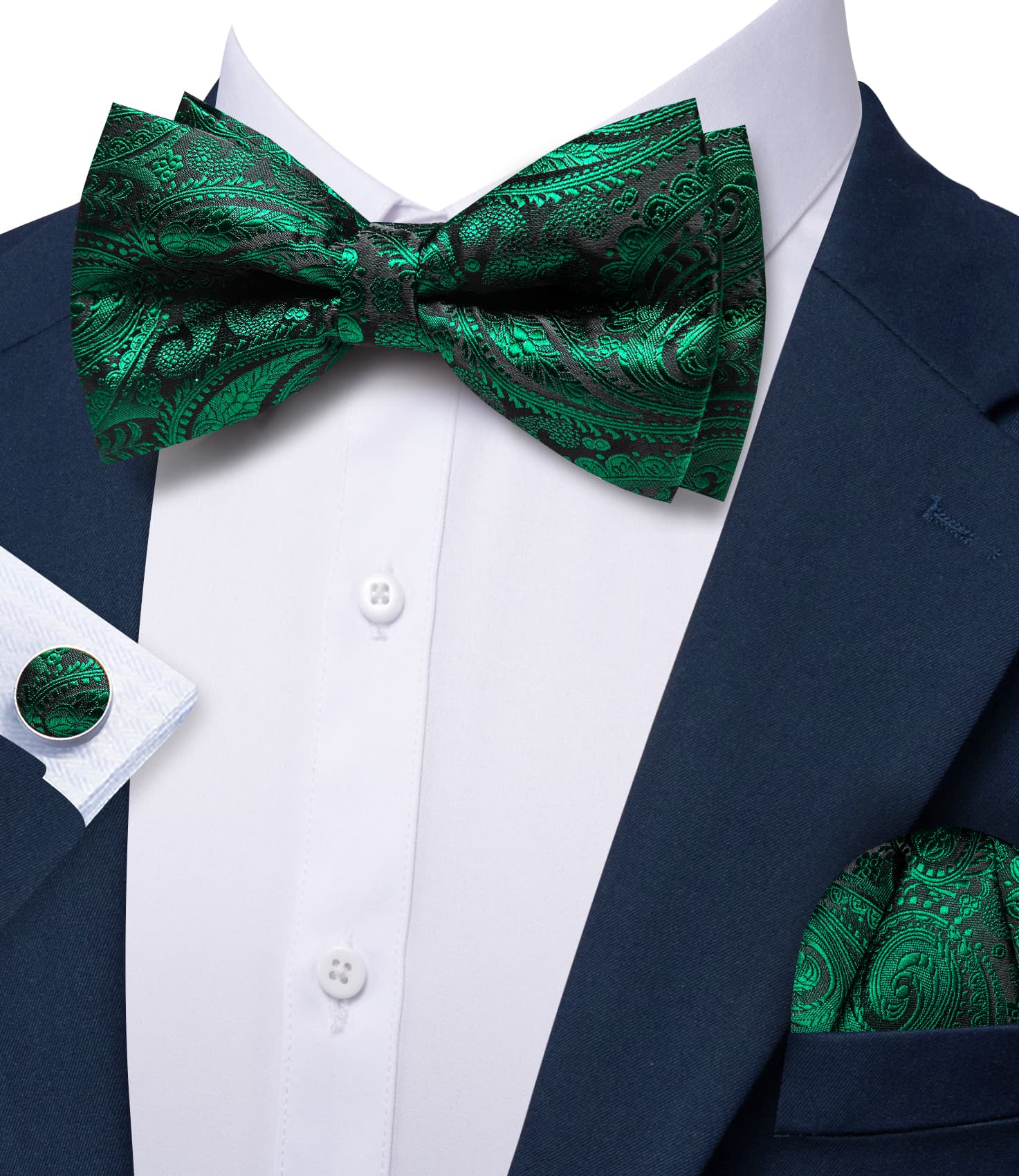 Barry. Wang Emerald Green Bow Tie Pre-tied Paisley Silk Adjustable Bowtie Hanky Cufflinks Set for Wedding