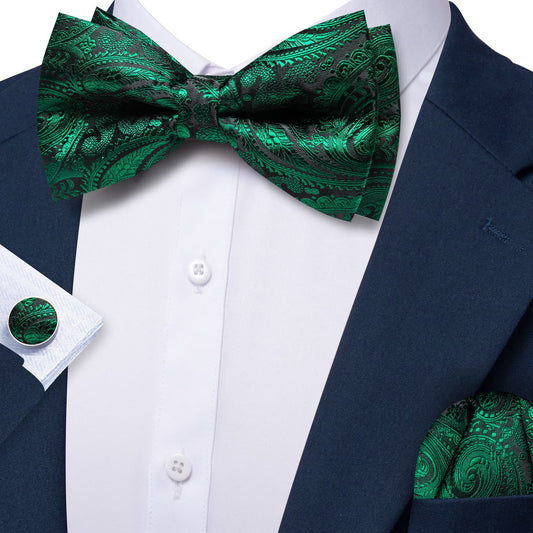 Barry. Wang Emerald Green Bow Tie Pre-tied Paisley Silk Adjustable Bowtie Hanky Cufflinks Set for Wedding