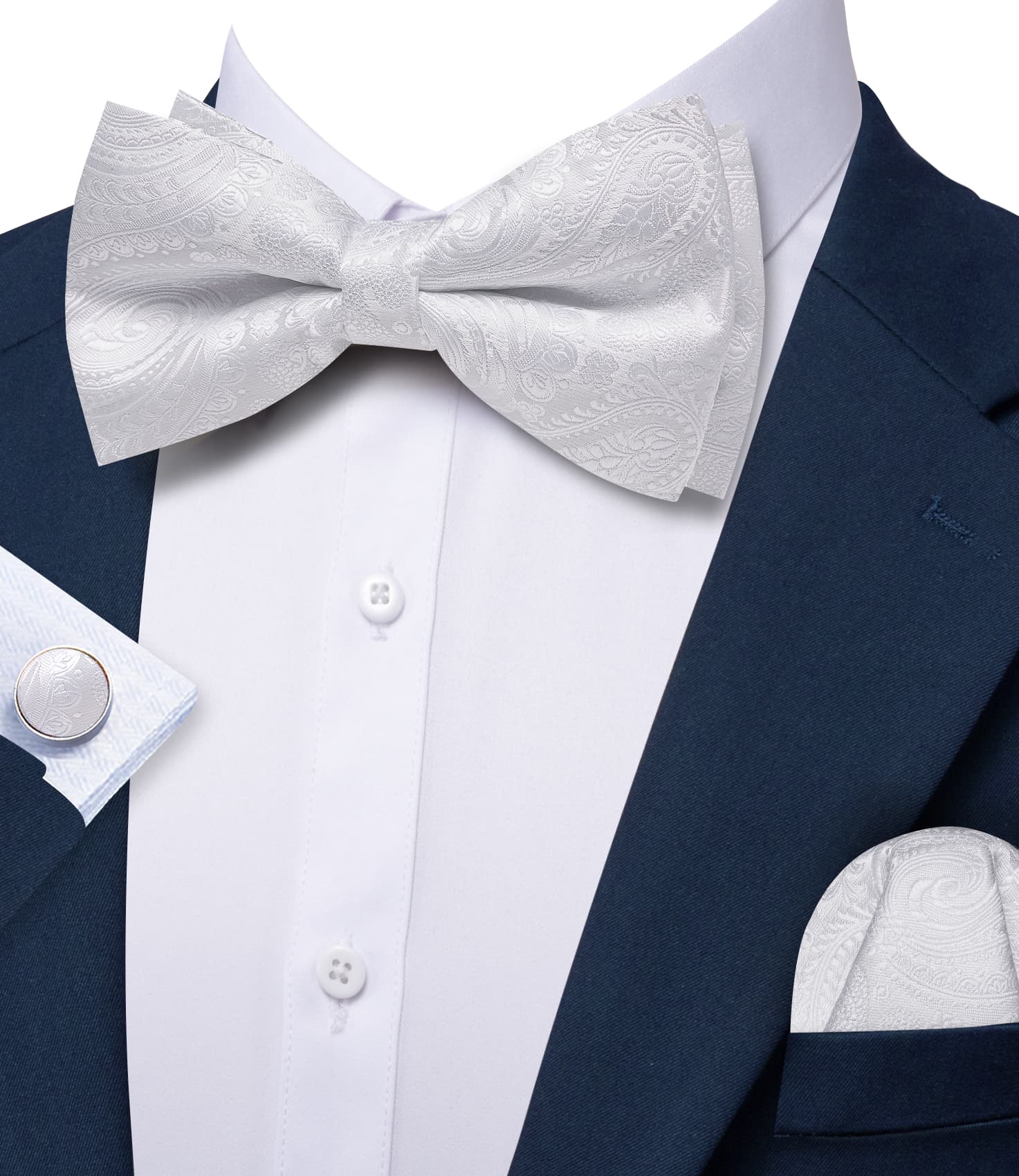 Barry. Wang White Wedding Bowtie Pre-tied Paisley Men's Silk Tuxedo Bowtie Hanky Cufflinks Set