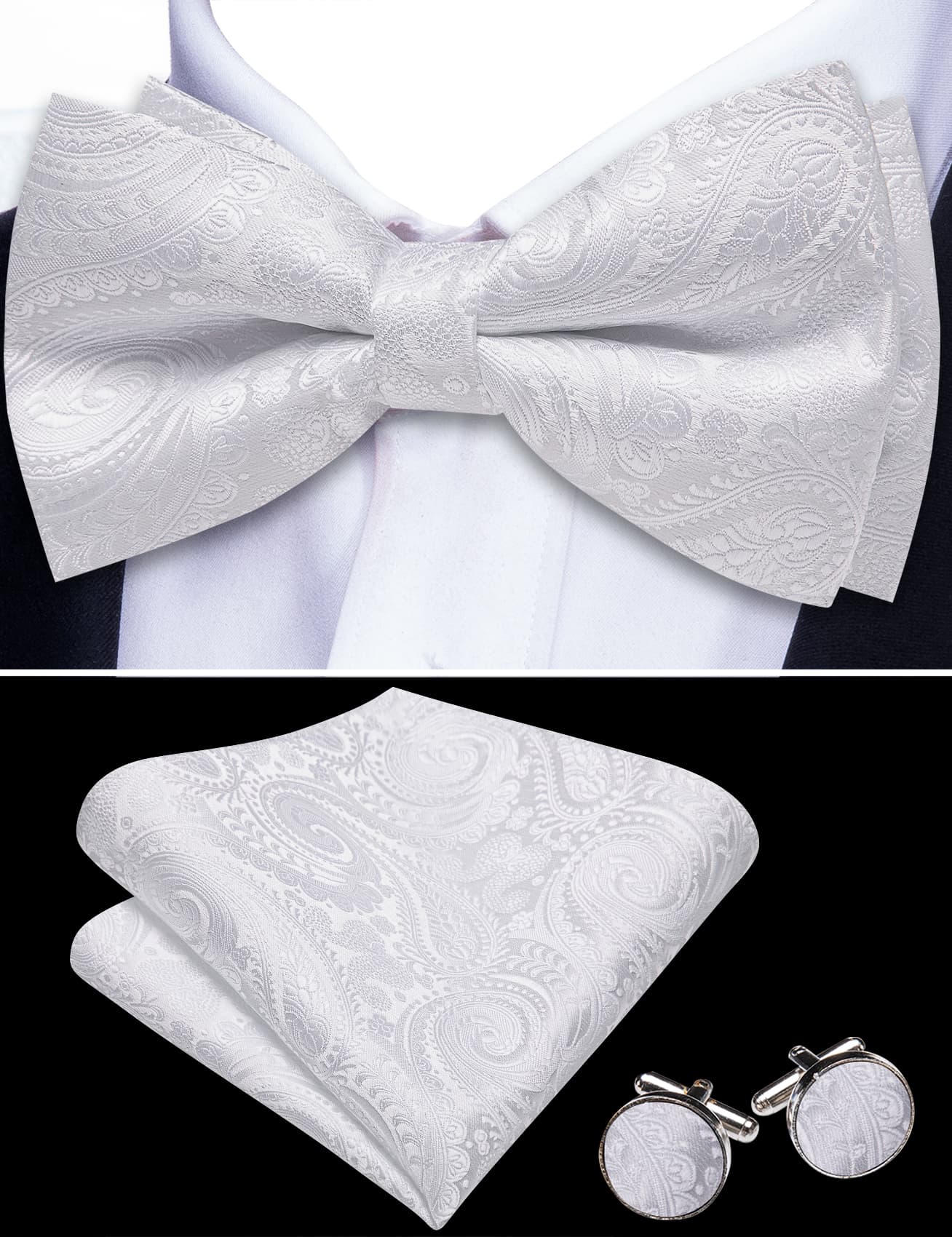 Barry. Wang White Wedding Bowtie Pre-tied Paisley Men's Silk Tuxedo Bowtie Hanky Cufflinks Set