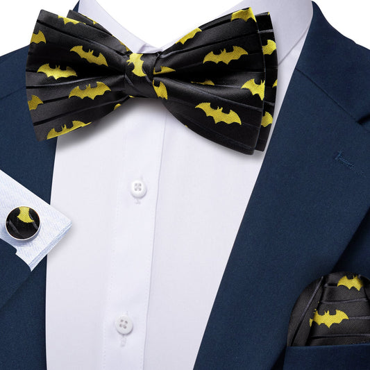 Barry. Wang Black Yellow Bow Tie for Men Pre-tied Adjustable Silk Bat Bowtie Set for Party Wedding