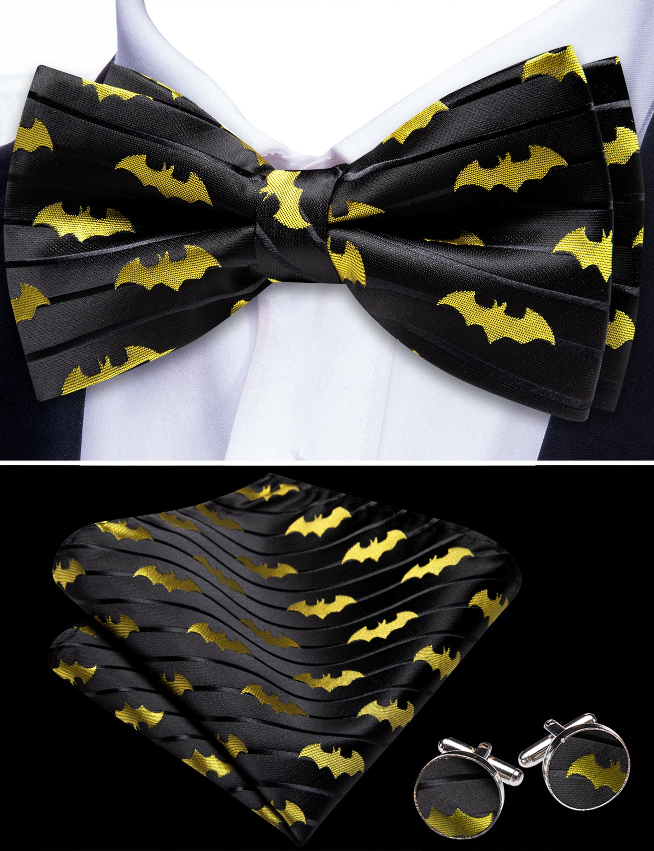 Barry. Wang Black Yellow Bow Tie for Men Pre-tied Adjustable Silk Bat Bowtie Set for Party Wedding