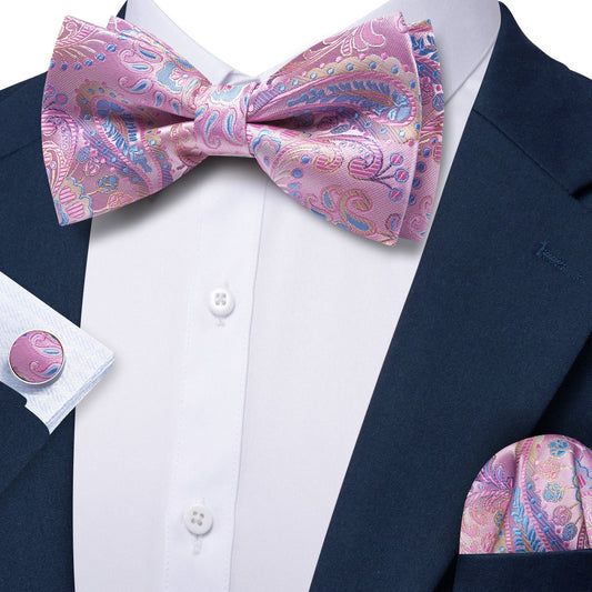 Barry. Wang Rose Pink Bow Tie for Men Paisley Pre-tied Silk Wedding Bowtie Hanky Cufflinks Set