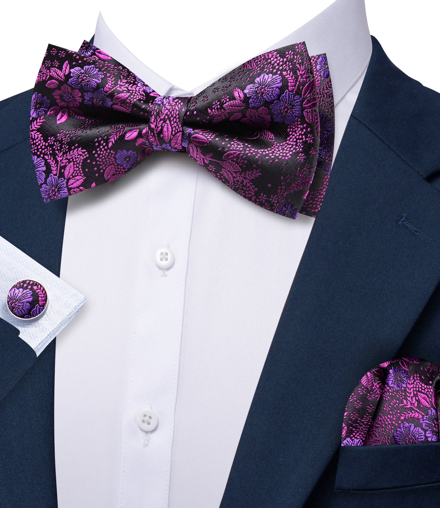 Barry. Wang Wisteria Purple Bowtie for Men Silk Pre-Tied Floral Wedding Bowtie Hanky Cufflinks Set